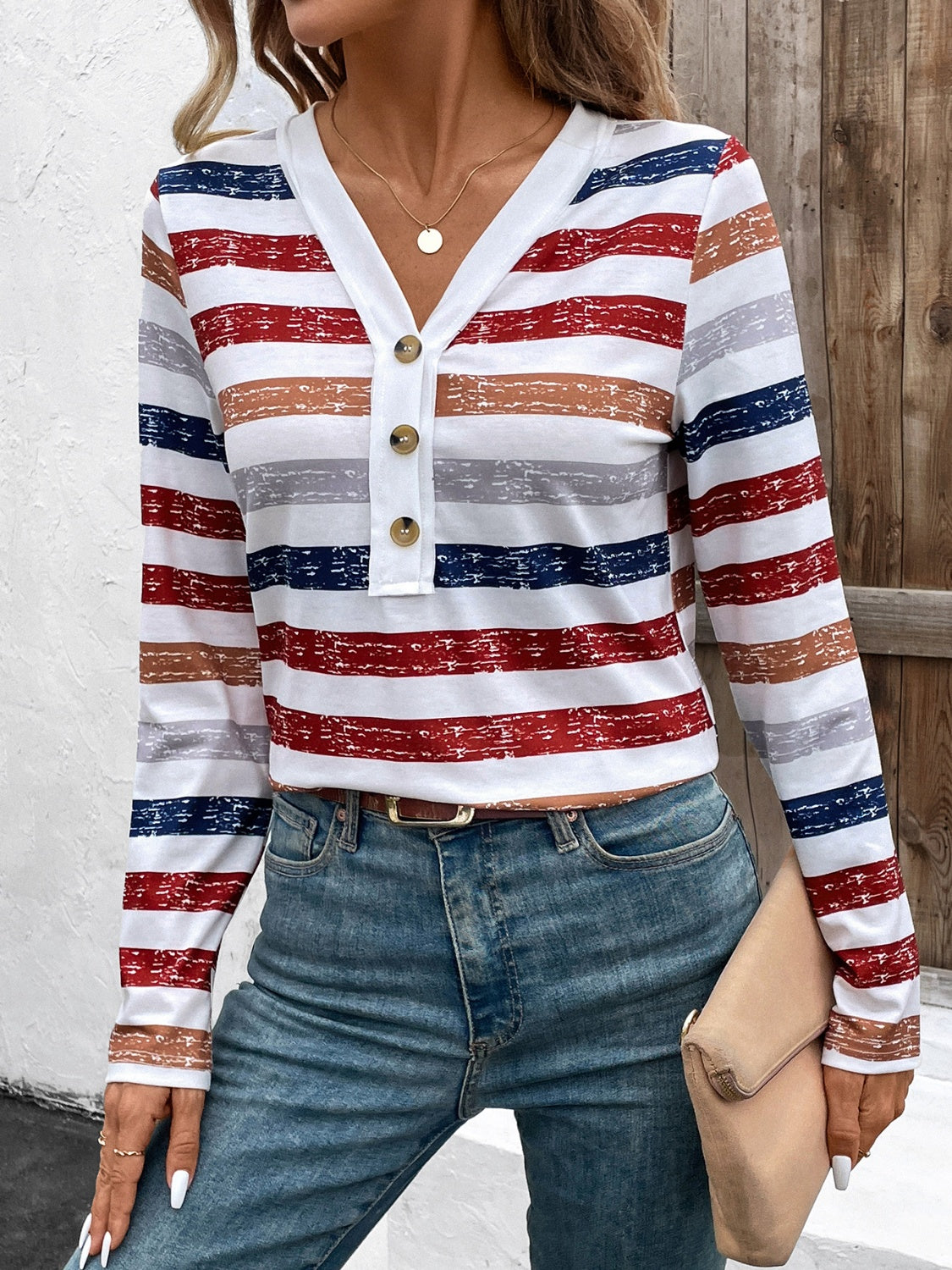 Luna | Contrast striped long sleeve t-shirt with V-neck