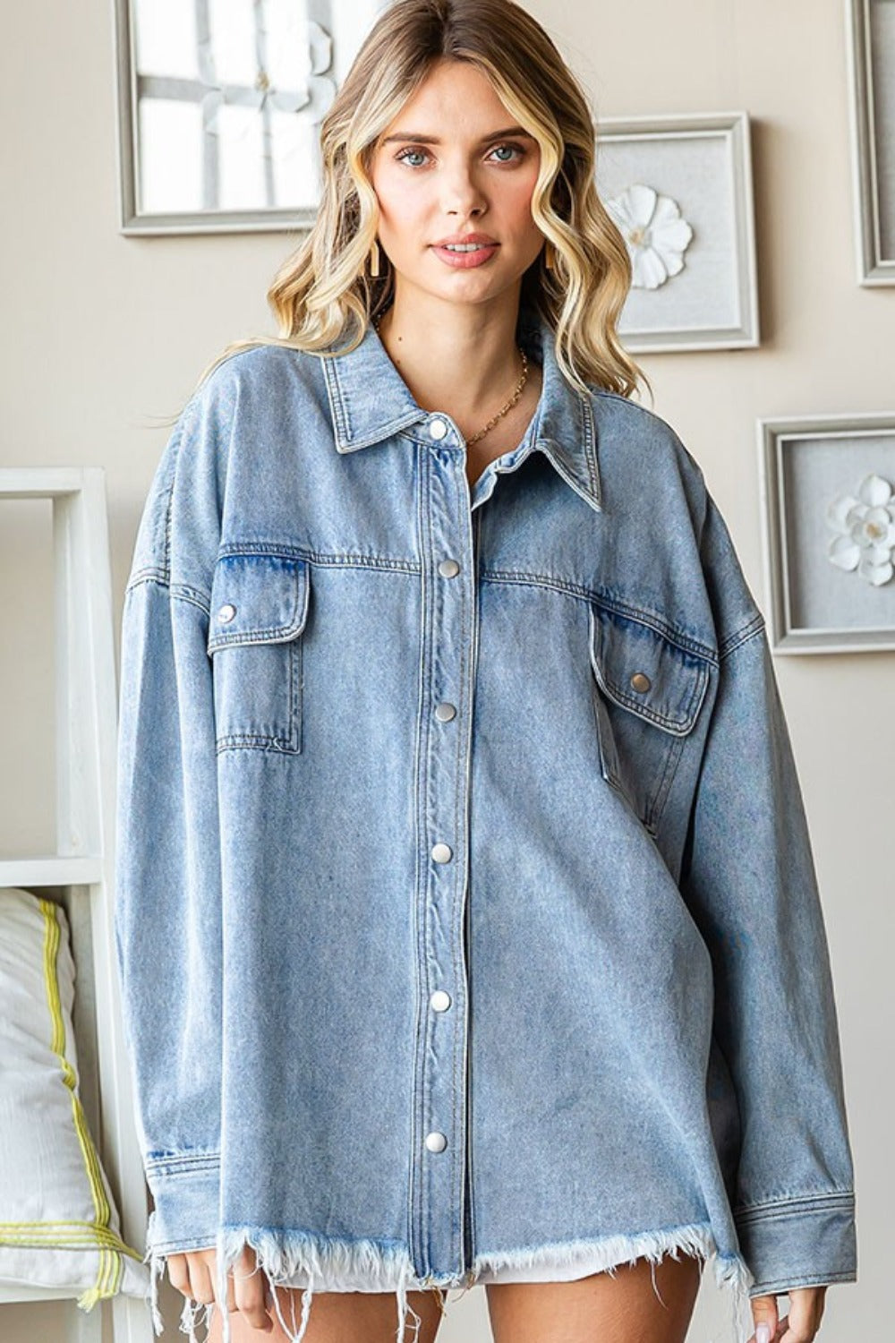 Ilona | First Love Smile Face denim jacket with raw hem and button placket