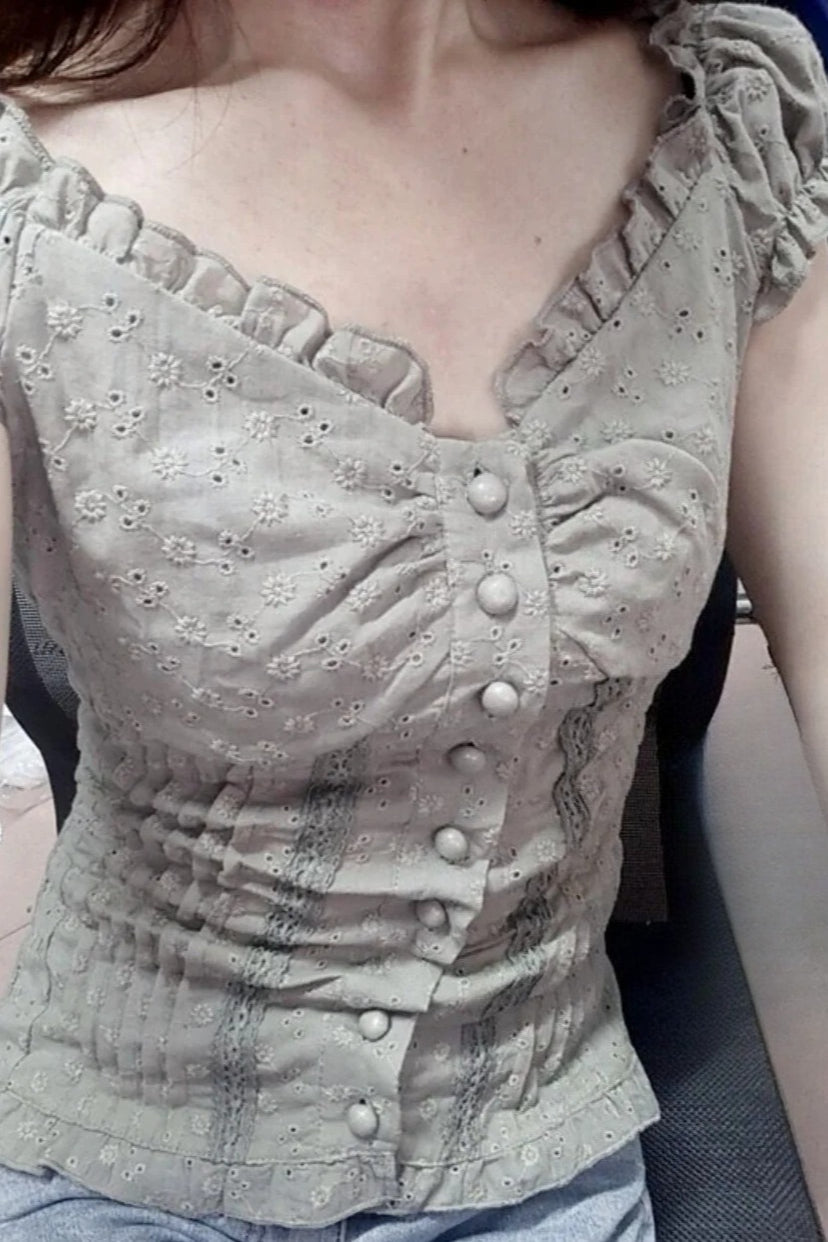 Ruched Low Neck Button Ruffled Lace Tank Top