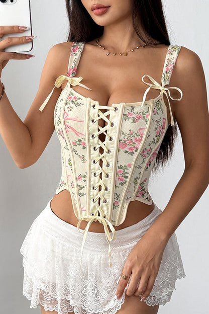 Floral Print Boned Cross Tie Bow Tank Top
