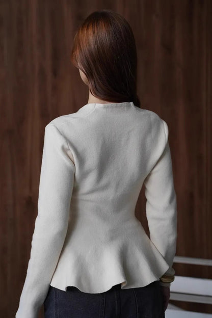 Solid Fitted Ruffled Hem Long Sleeve Knit Cardigan