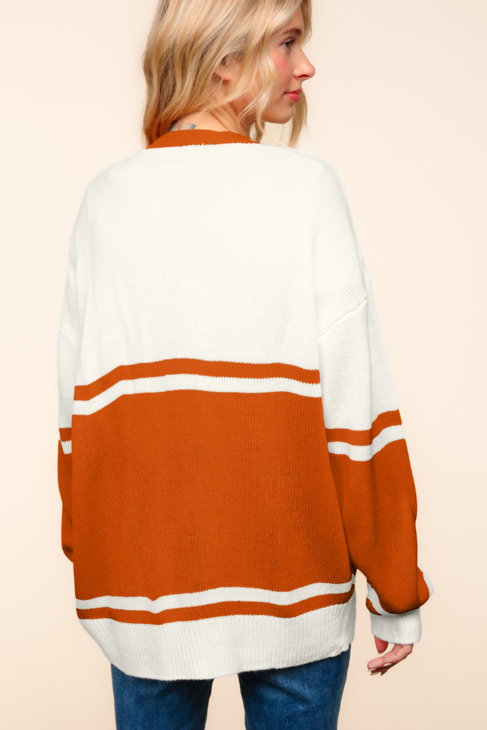 Raquel | Haptics full size cardigan with V-neck, button placket and letter patch