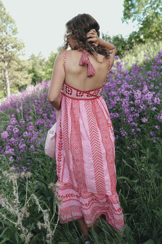 Elisa® | Printed Embroidered Camisole Midi Dress With Lace-Up Detail