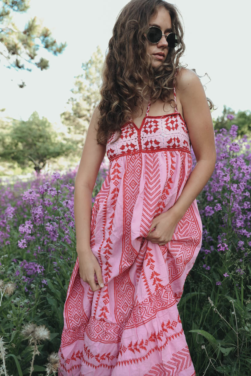 Elisa® | Printed Embroidered Camisole Midi Dress With Lace-Up Detail