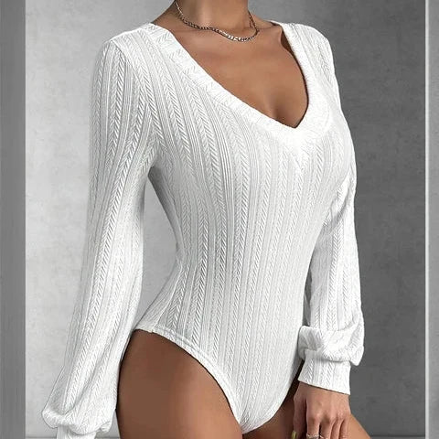 Avenela® | Stylish Autumn White Slim-Fit Bodysuit With Long Sleeves For Women