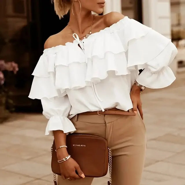Leonor® | Women'S Blouse Made Of Loose Chiffon With Off-The-Shoulder Flounces And Elastic Shoulder Strap