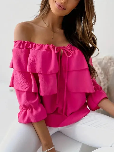 Leonor® | Women'S Blouse Made Of Loose Chiffon With Off-The-Shoulder Flounces And Elastic Shoulder Strap