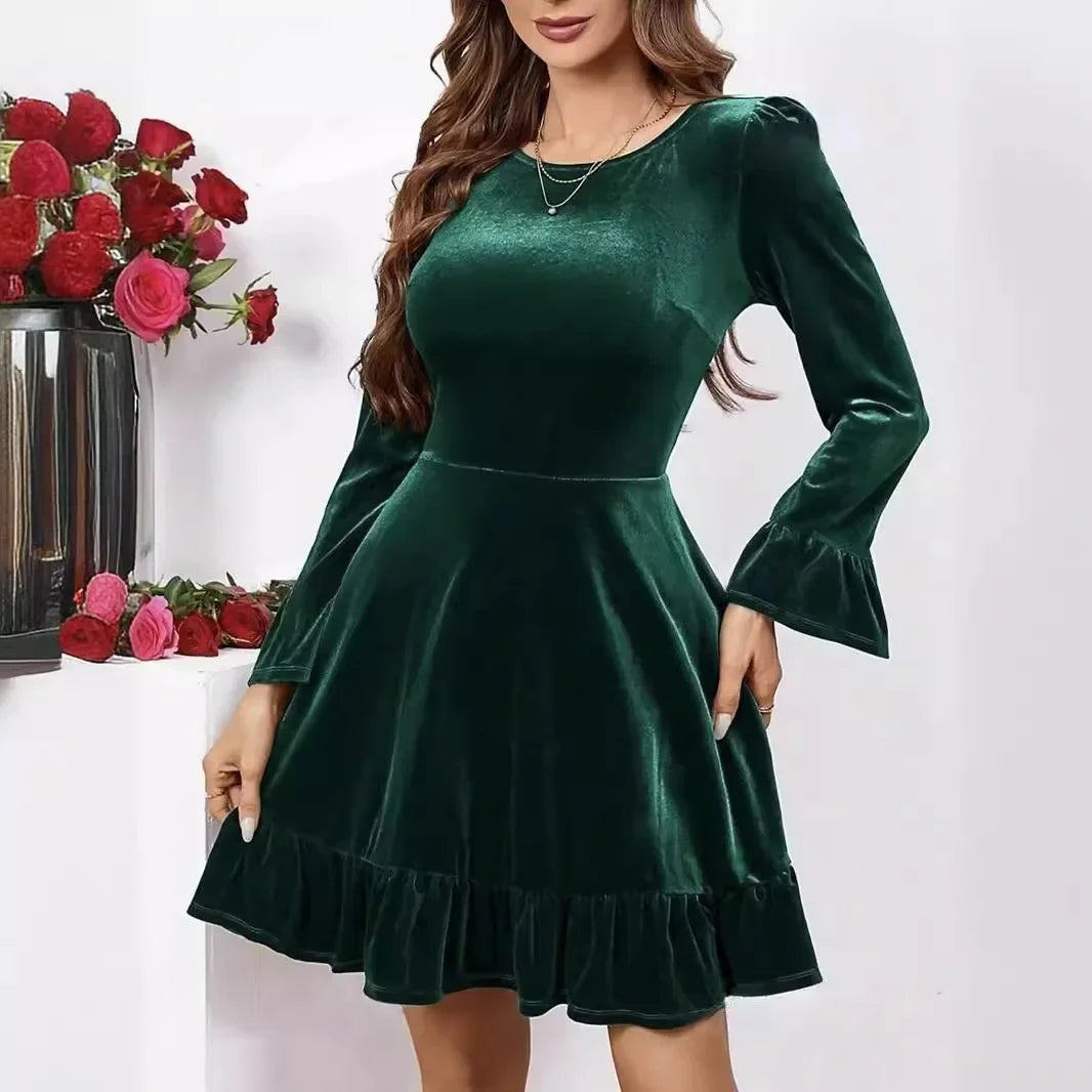 Autumn Winter A-Line Ruffles Elegant Party Golden Velvet Mini Nightdress Party Dress