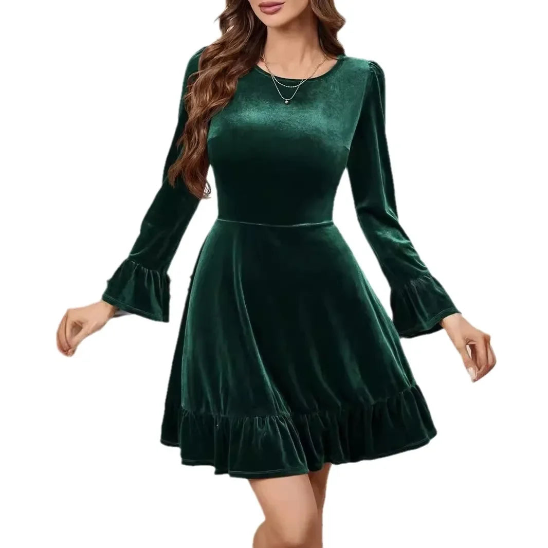 Autumn Winter A-Line Ruffles Elegant Party Golden Velvet Mini Nightdress Party Dress