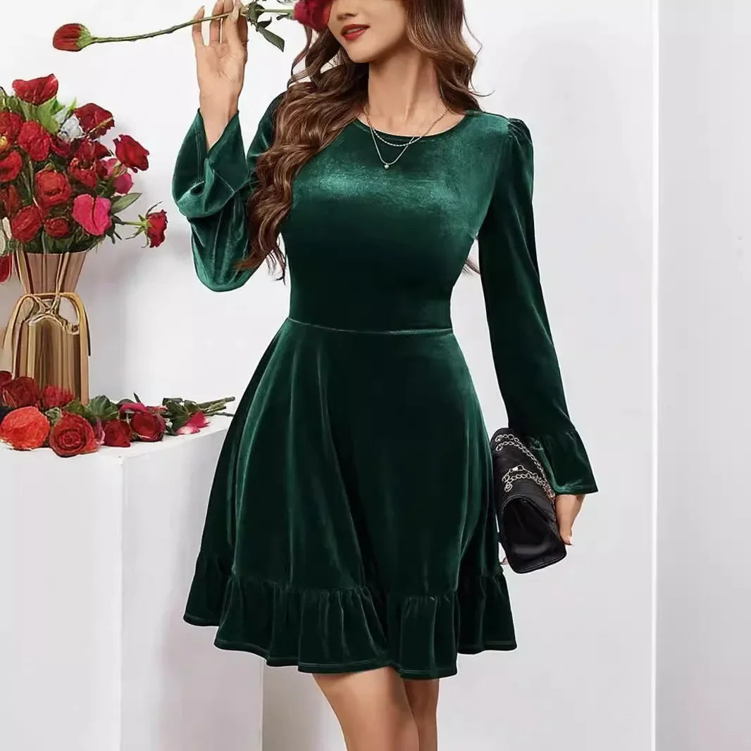 Autumn Winter A-Line Ruffles Elegant Party Golden Velvet Mini Nightdress Party Dress