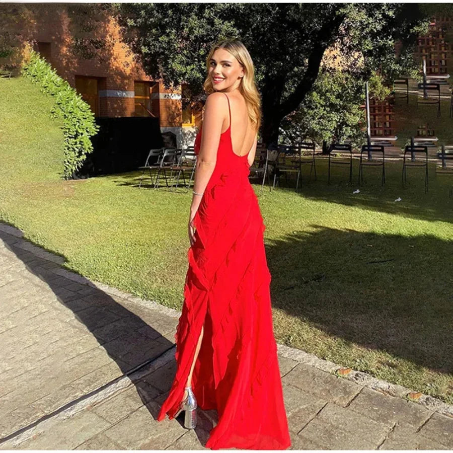 Ruffles Chiffon Maxi Dresses Backless Split Sexy Long Summer Wedding Party Dress