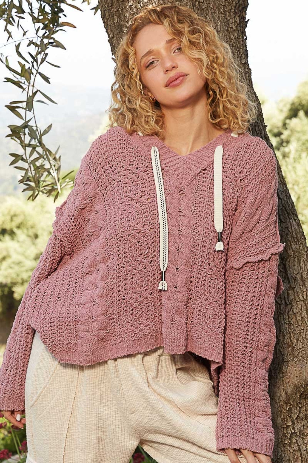 Larisa | Chenille cable knit sweater with hood