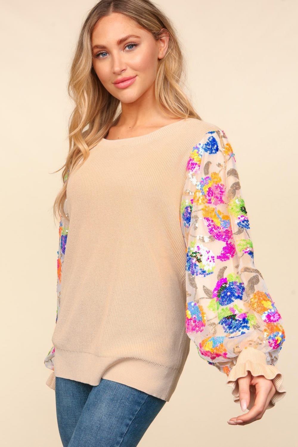 Emilia | Haptics sweater with floral sequins, mesh fabric and flounced sleeves