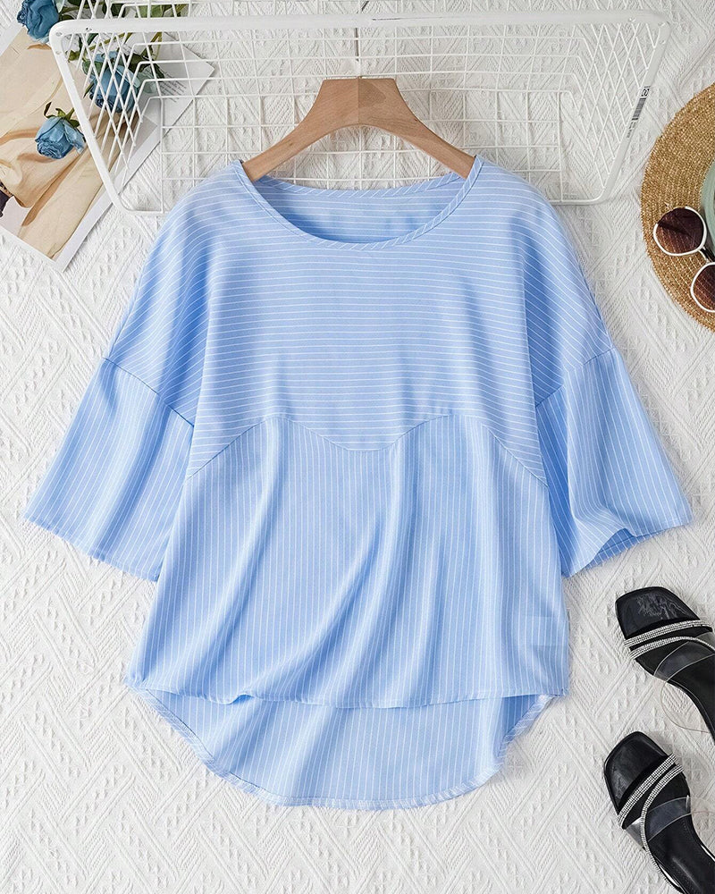 Nayla® | Casual Striped Loose Fit Button-Front Blouse For Women. Striped Blouse With Round Neck And Half-Length Sleeves.