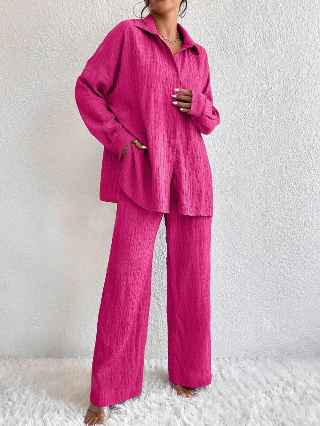 Elettra® | Elegant Long-Sleeved Button-Down Blouse And Pants Set