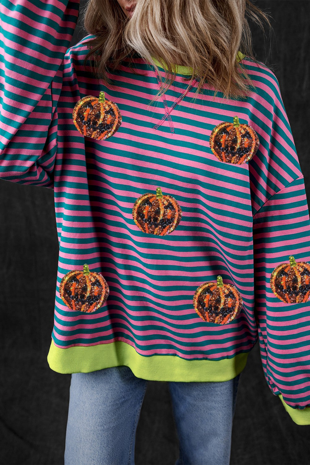 Felicidad | Pumpkin striped crew neck long sleeve sweatshirt