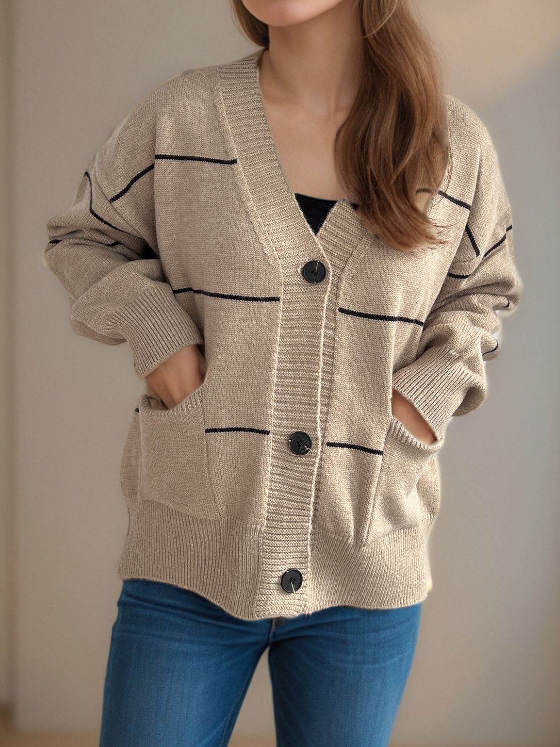 Flavia | Striped, long-sleeved cardigan with button placket and V-neck