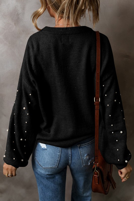 Carolina | Beaded sweater with dropped shoulder and crew neck