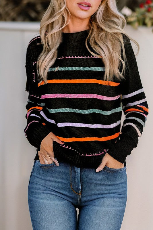 Magda | Colorful striped crew neck sweater with ribbed edges