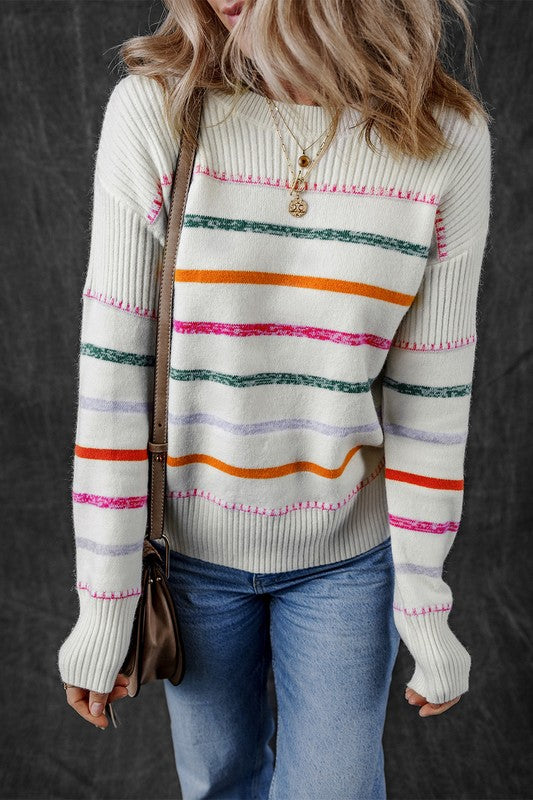 Magda | Colorful striped crew neck sweater with ribbed edges