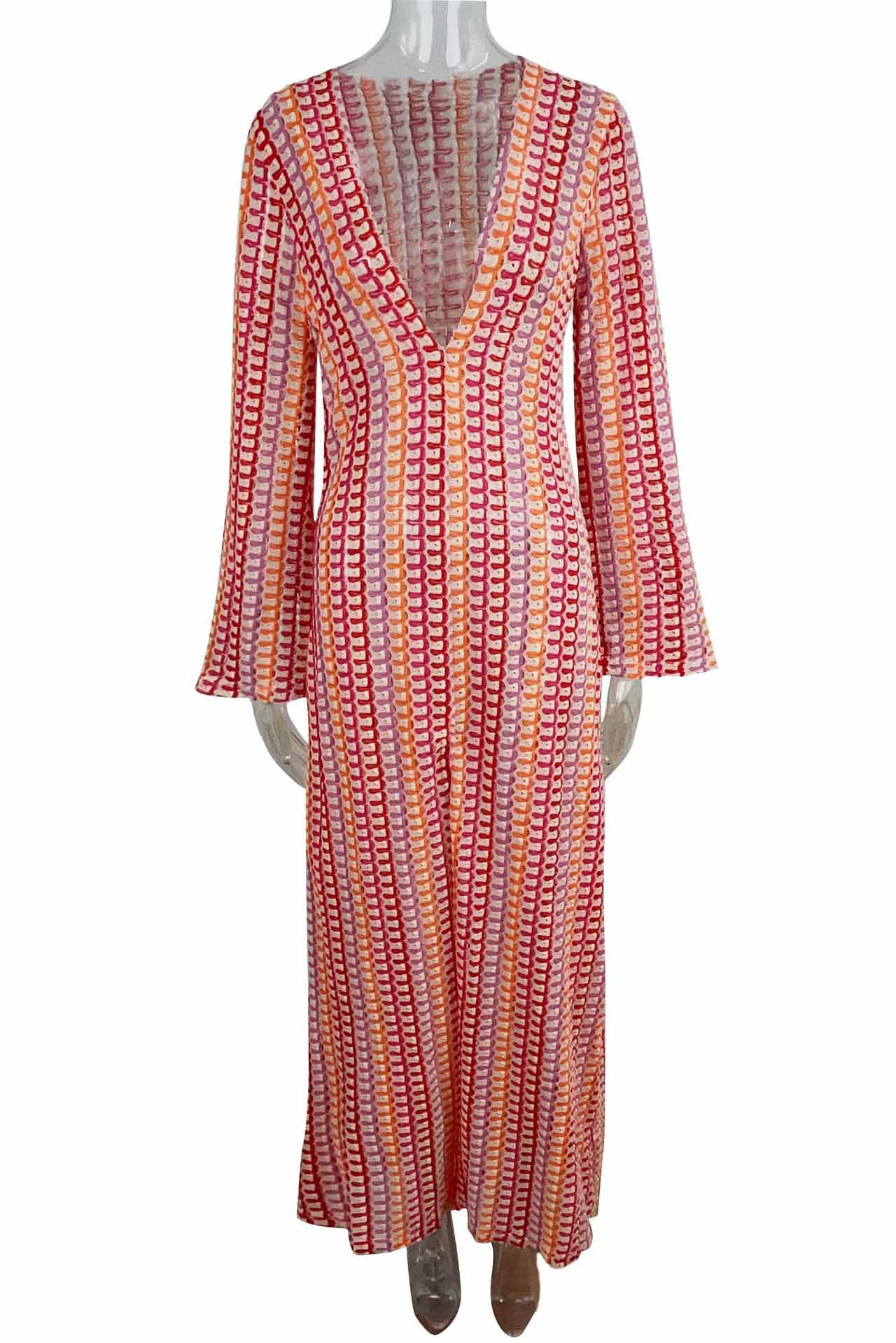 Pilar® | Boho V-Neck Bell Sleeve Maxi Dress, Wavy Striped Crochet Beach Holiday Maxi Dress