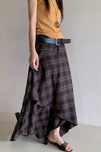 Asymmetric Plaid Midi Skirt