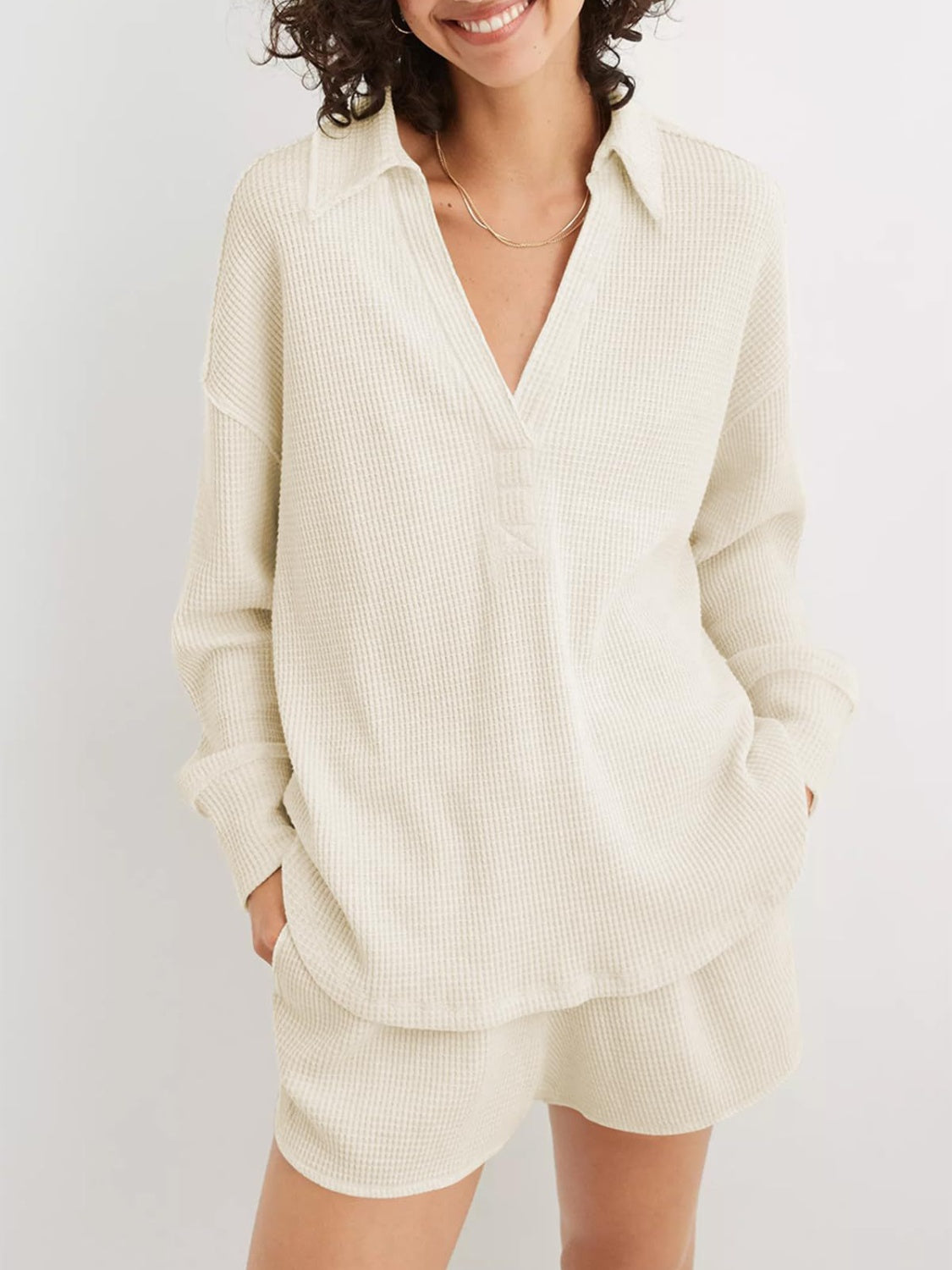 Johanna | Long sleeve waffle knit johnny collar sweatshirt