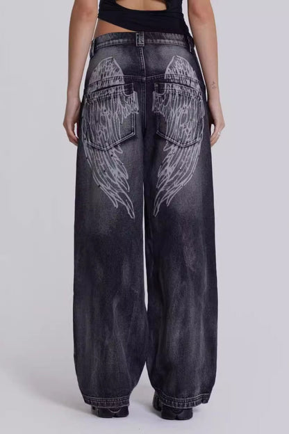 Y2K Angel Wing Print Washed Wide Leg Jeans