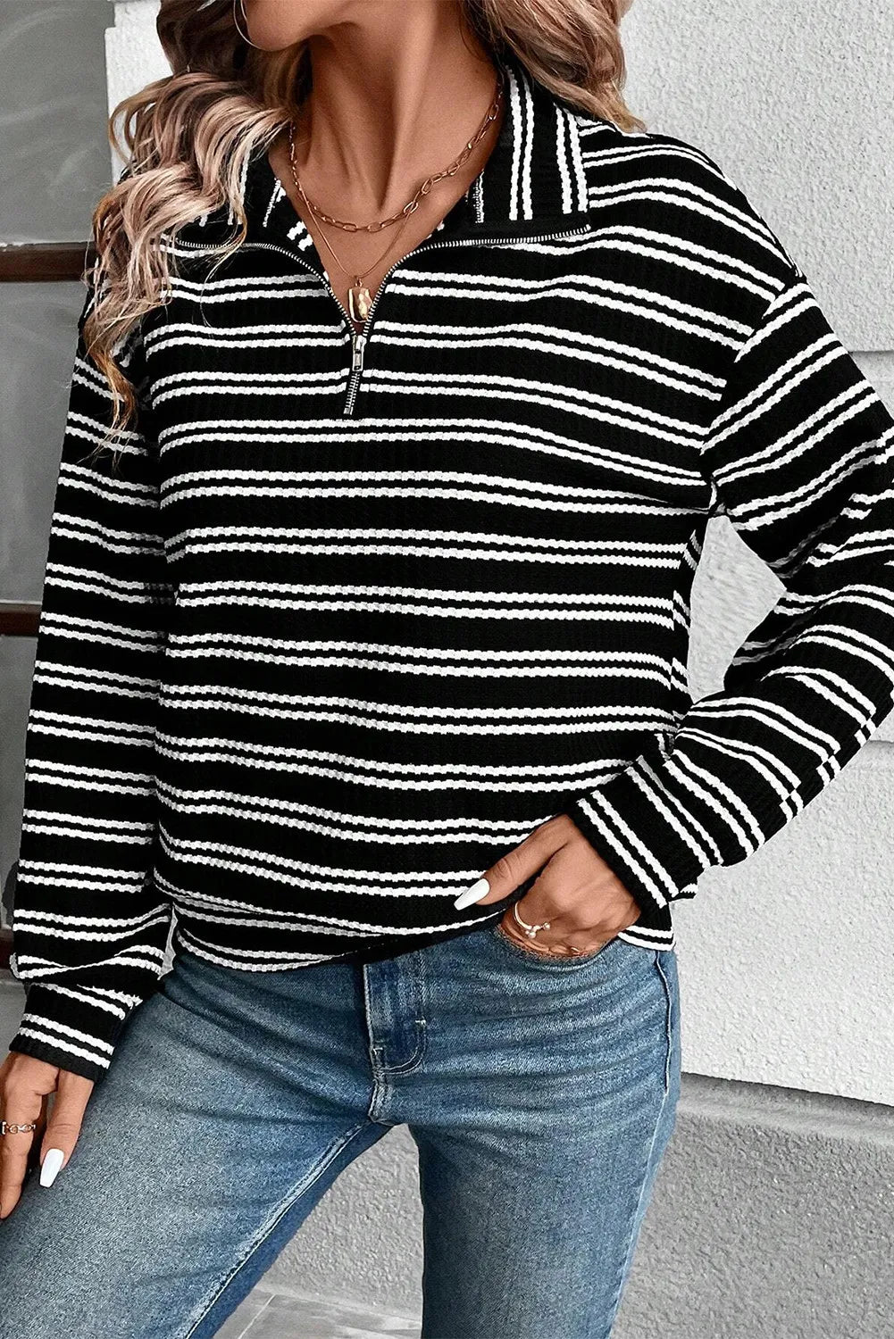 Olivia | Striped long sleeve half zip top