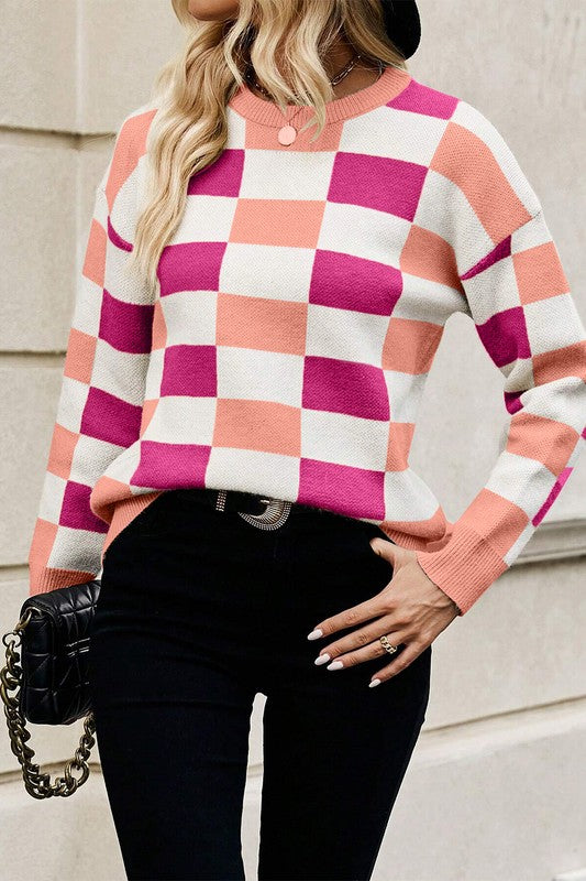 Hanna | Checked, ribbed edge sweater with an O-neck and dropped shoulder
