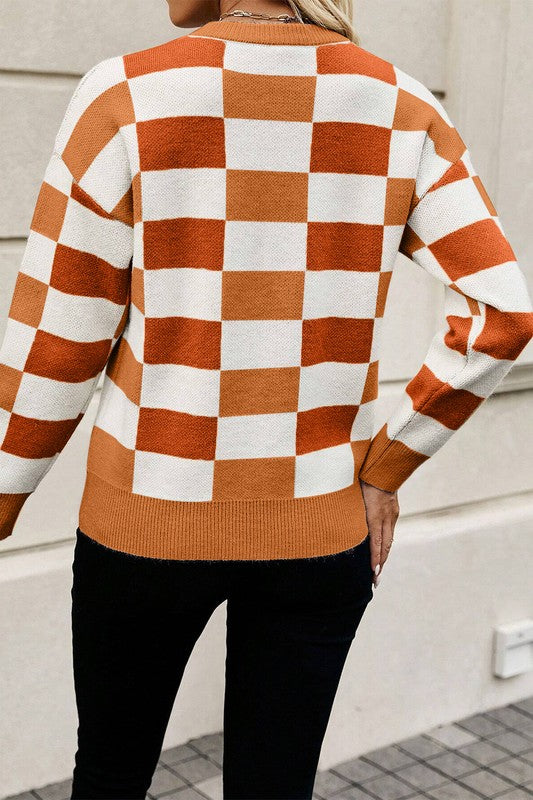 Gloria | Checked, ribbed edge sweater with an O-neck and dropped shoulder