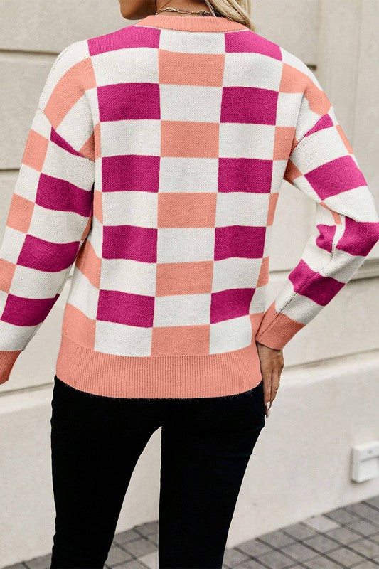 Hanna | Checked, ribbed edge sweater with an O-neck and dropped shoulder