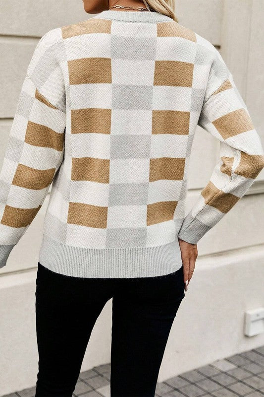 Hanna | Checked, ribbed edge sweater with an O-neck and dropped shoulder