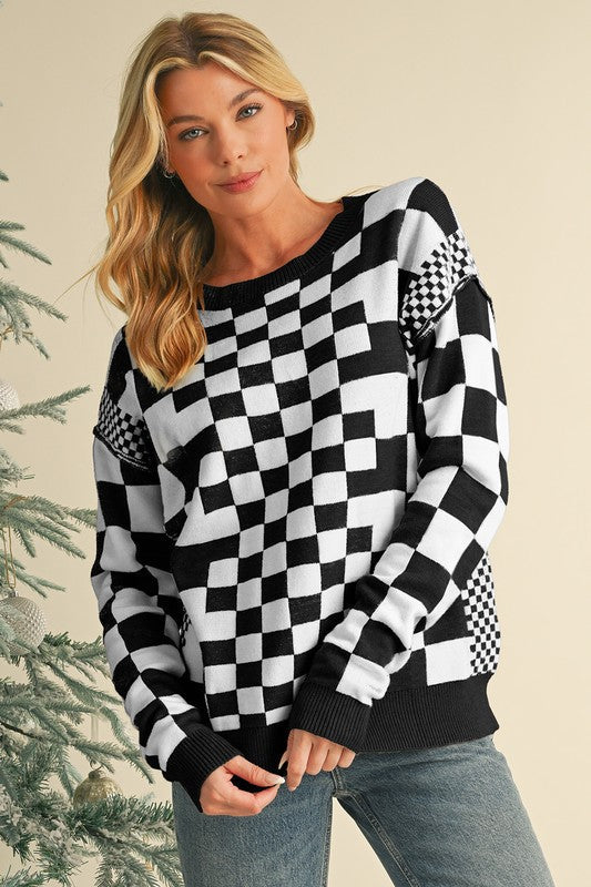 Milena | Checked crew neck sweater with dropped shoulders