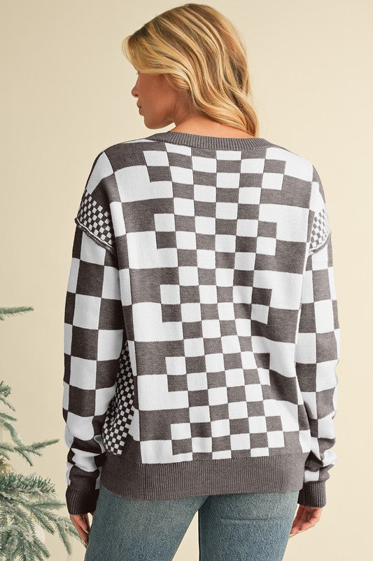 Milena | Checked crew neck sweater with dropped shoulders