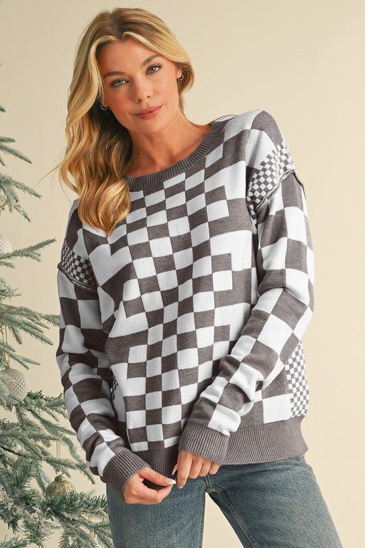 Milena | Checked crew neck sweater with dropped shoulders