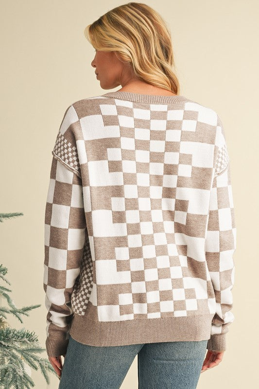 Milena | Checked crew neck sweater with dropped shoulders