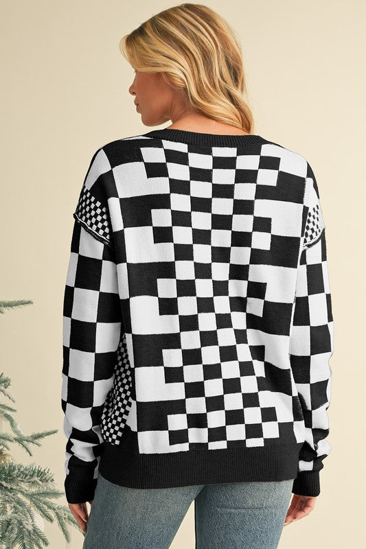 Milena | Checked crew neck sweater with dropped shoulders