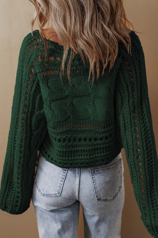 Sonia | Gray hollow out cropped cable knit sweater