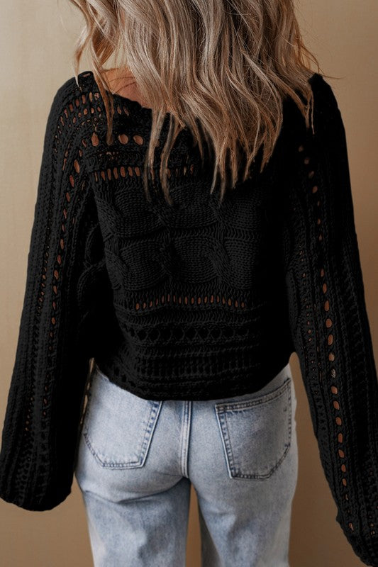 Sonia | Gray hollow out cropped cable knit sweater