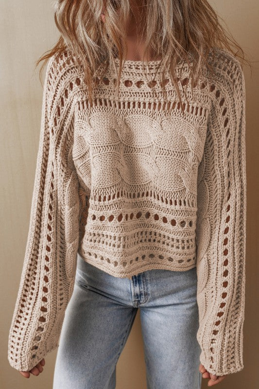 Sonia | Gray hollow out cropped cable knit sweater