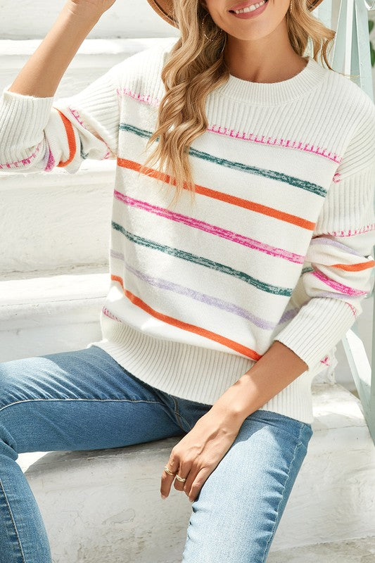 Frida | Colorful striped crew neck sweater with ribbed edges