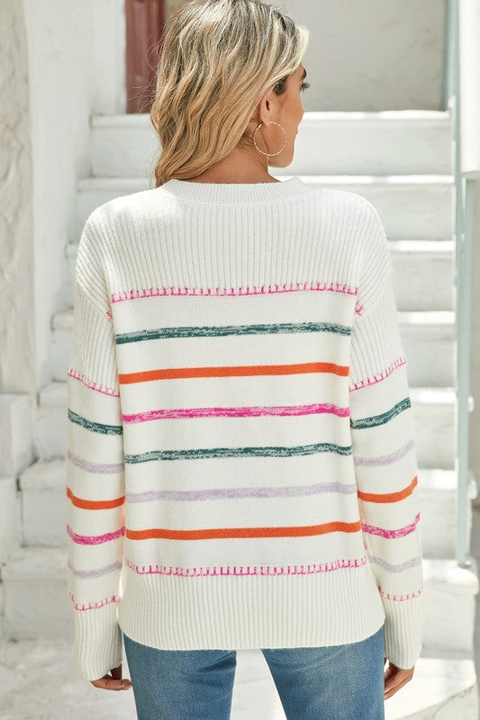 Frida | Colorful striped crew neck sweater with ribbed edges