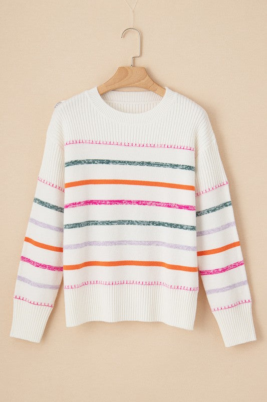 Frida | Colorful striped crew neck sweater with ribbed edges