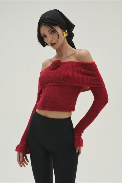 3D Floral Off-Shoulder Fitted Knitted Long Sleeve Tee