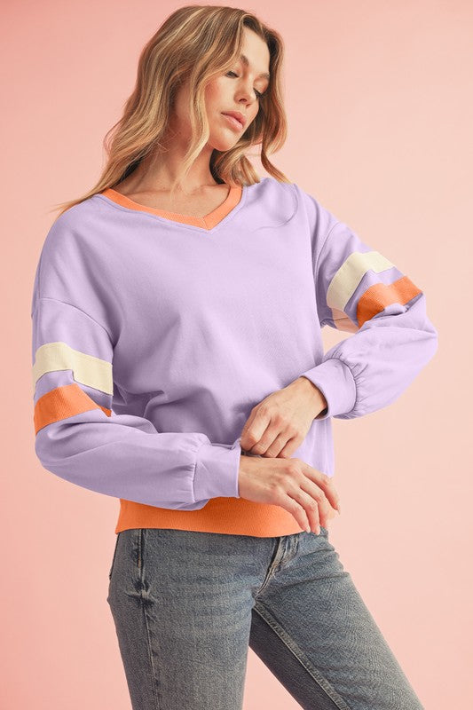 Kirsten | Ribbed patchwork sweatshirt with dropped shoulders and V-neck