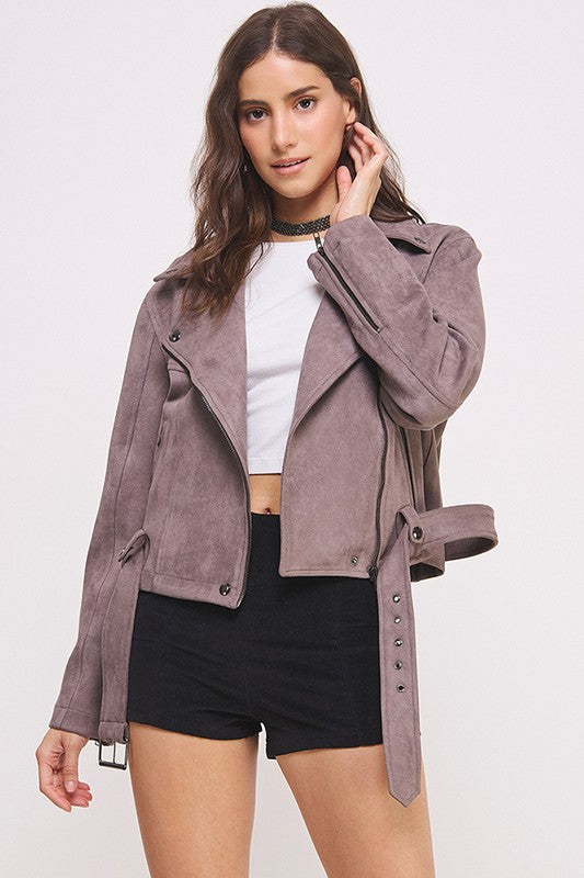 Florencia | LONG SLEEVE SUEDE MOTOR JACKET WITH BELT AND ZIPPER