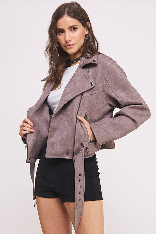Florencia | LONG SLEEVE SUEDE MOTOR JACKET WITH BELT AND ZIPPER