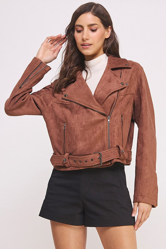 Florencia | LONG SLEEVE SUEDE MOTOR JACKET WITH BELT AND ZIPPER