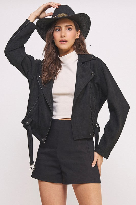 Florencia | LONG SLEEVE SUEDE MOTOR JACKET WITH BELT AND ZIPPER